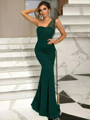 Rhinestone One-Shoulder Formal Dress – Elegant Evening Gown - Femstylo