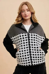 Annie Wear Plaid Zip Up Drop Shoulder Sherpa Jacket - Femstylo