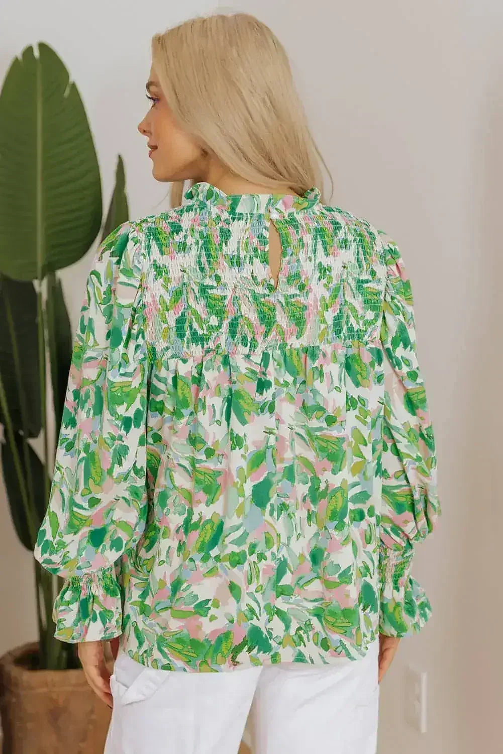 Leaf Print Flounce Sleeve Blouse - Botanical Top | Femstylo - Femstylo