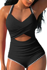 Rose Red Ric Rac Trim Colorblock Cutout One Piece Swimsuit - Femstylo