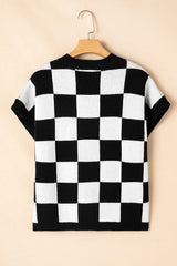 Light French Beige Checkered Knit Dolman Short Sleeve Sweater