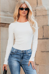 White Ribbed Long Sleeve Crew Neck Solid Color Bodysuit