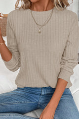 Ribbed Texture Round Neck Long Sleeve Rounded Hem Top