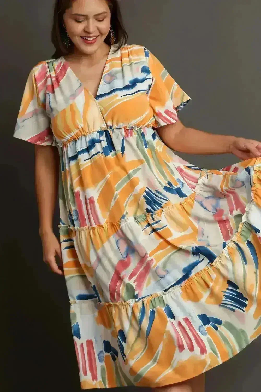 Umgee Abstract Print Midi Dress – Flutter Sleeves & Tiered Frill Detail - Femstylo