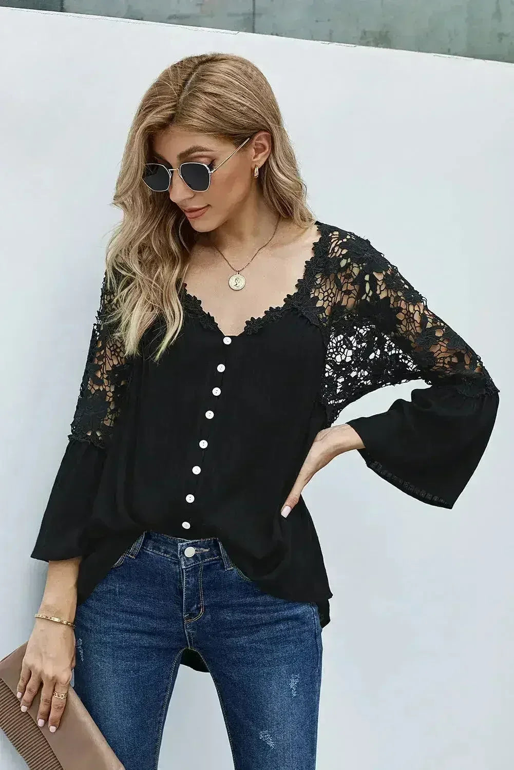 Button Long Sleeve Black Crochet Lace Blouse Top - Femstylo