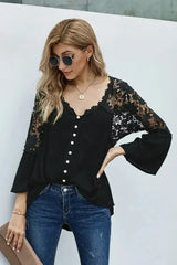 Button Long Sleeve Black Crochet Lace Blouse Top - Femstylo