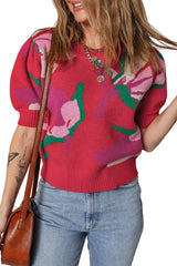 Red Floral Abstract Print Short Puff Sleeve Sweater