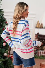Khaki Striped Eyelet Pattern Drop Shoulder Sweater