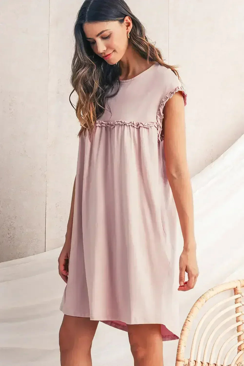 Oatmeal Frilled Trim Crewneck Loose Fit Mini Dress - Femstylo