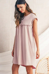 Oatmeal Frilled Trim Crewneck Loose Fit Mini Dress - Femstylo