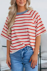 Tomato Red Striped Raglan Sleeve Contrast Neck T-Shirt - Femstylo