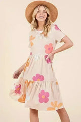 Floral Tiered Summer Dress - Round Neck Short Sleeve | BOMBOM - Femstylo