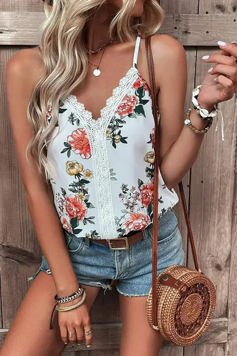 White Floral Print Lace V Neck Tank Top - Femstylo