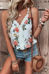 White Floral Print Lace V Neck Tank Top - Femstylo