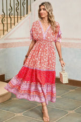 Red Boho Floral Tassel Tie Sleeve Maxi Dress - Femstylo