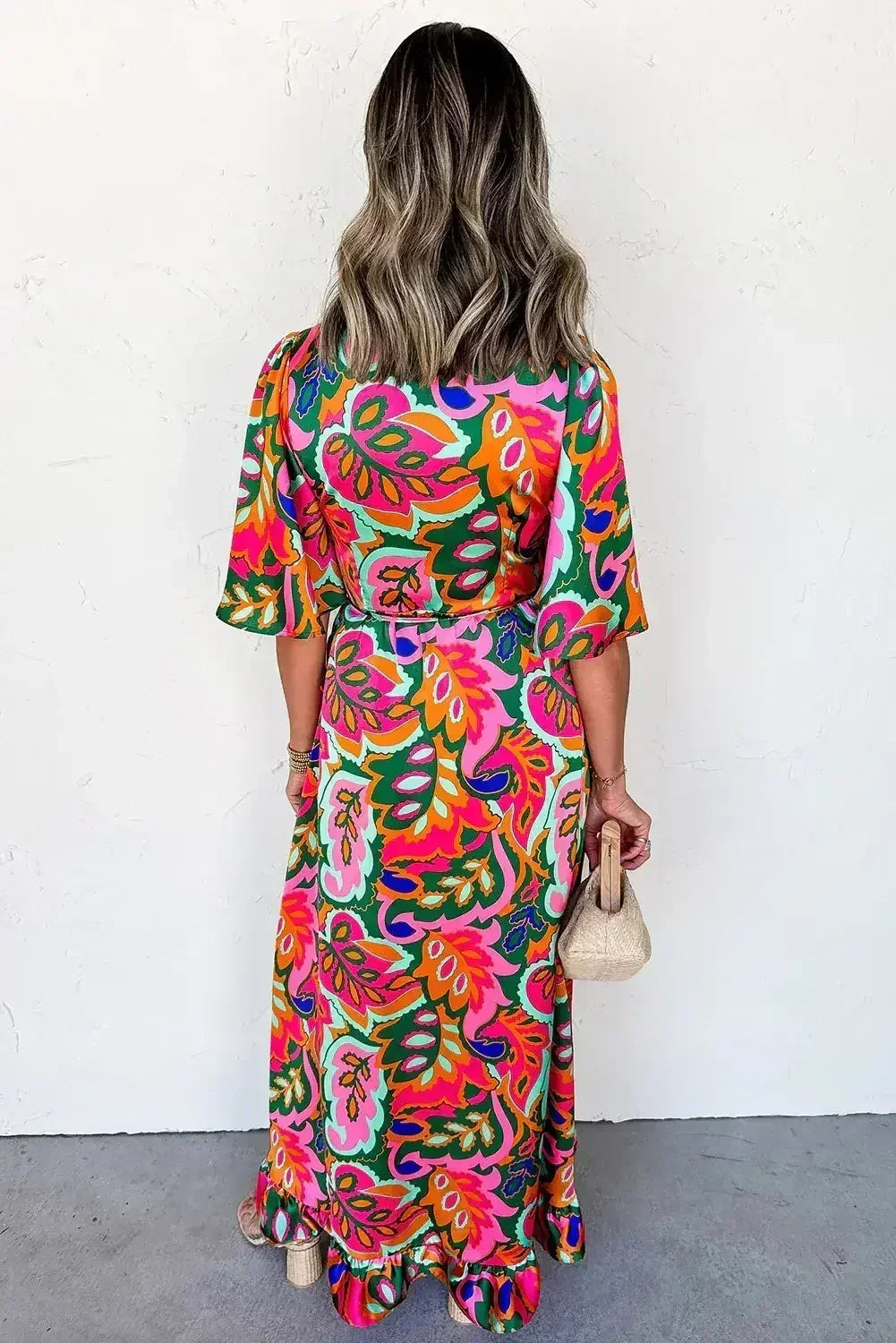 Rose Tropical Plant Print Surplice V Neck Ruffle Hem Maxi Dress - Femstylo