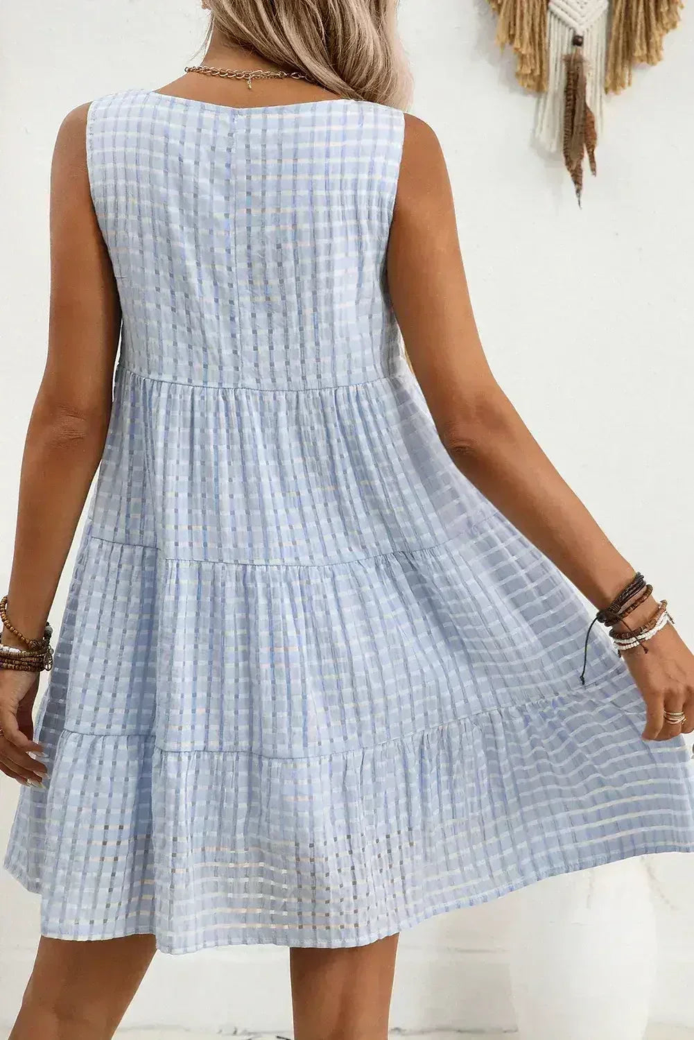 Light Blue Gingham High Waist Sleeveless Mini Dress - Femstylo