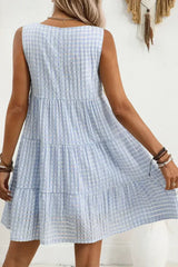 Light Blue Gingham High Waist Sleeveless Mini Dress - Femstylo