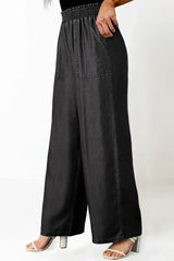 Black Side Pockets Frilled Smocked High Waist Wide Leg Jeans - Femstylo