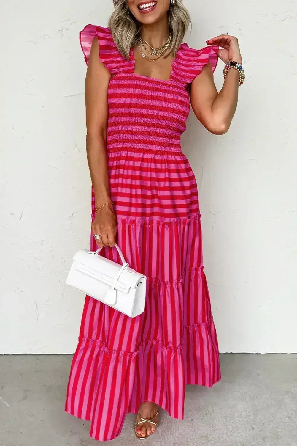 Rose Stripe Ruffle Strap Shirred Bodice Tiered Maxi Dress - Femstylo