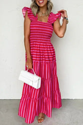 Rose Stripe Ruffle Strap Shirred Bodice Tiered Maxi Dress - Femstylo
