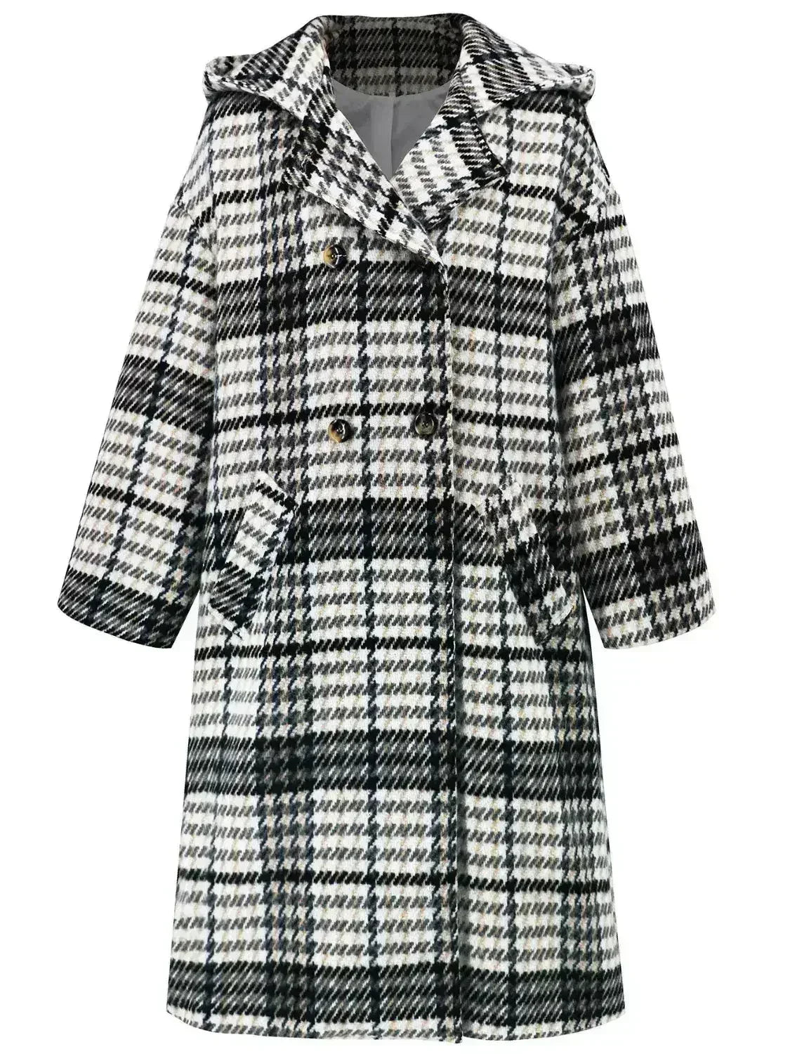 Plaid Double-Breasted Long Sleeve Longline Coat - Femstylo
