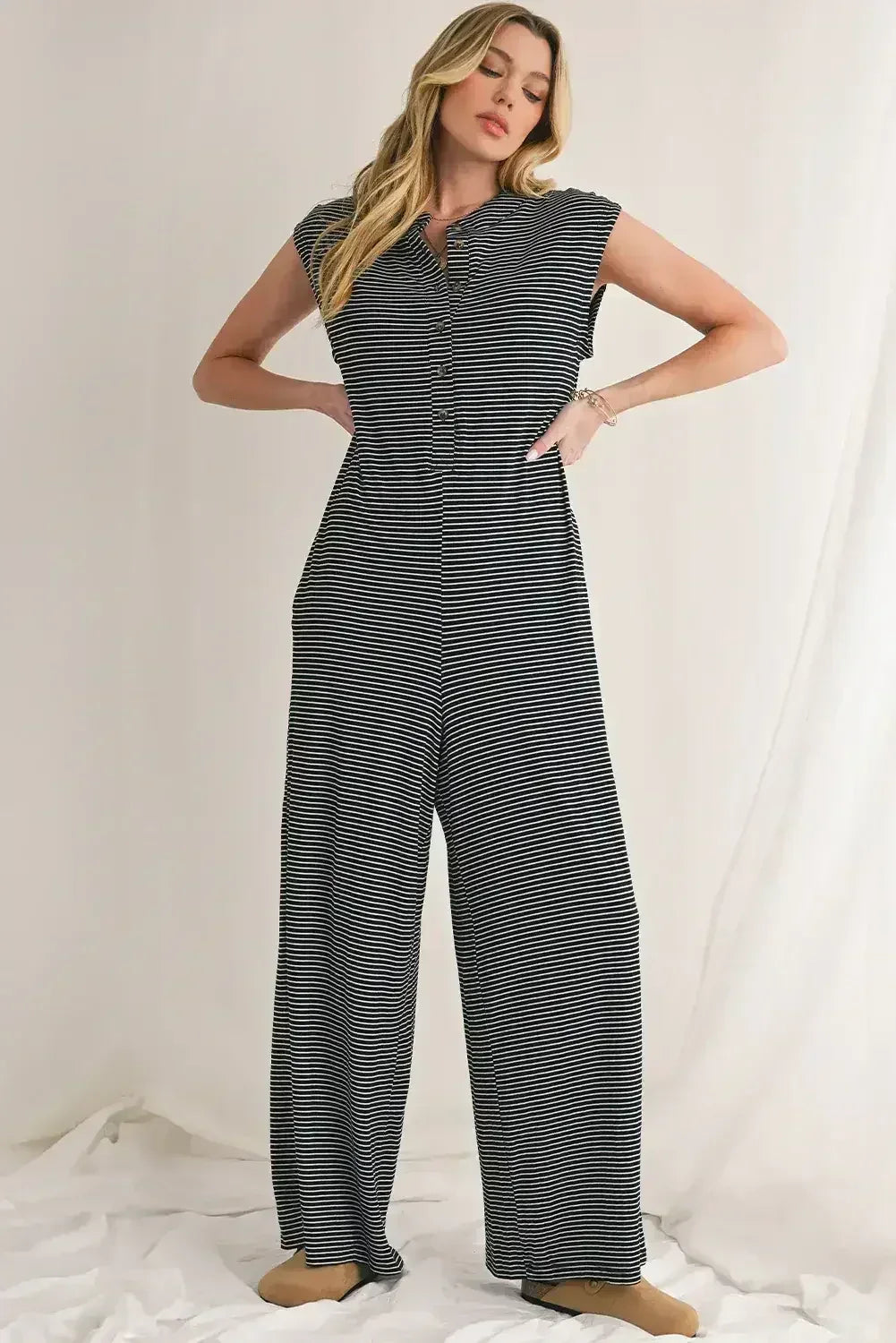 Black White Striped Button Sleeveless Jumpsuit - Femstylo