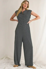 Black White Striped Button Sleeveless Jumpsuit - Femstylo
