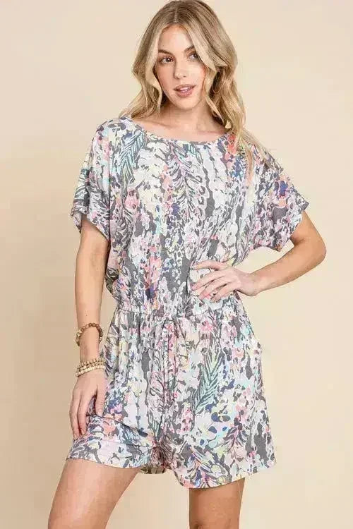 BOMBOM Printed Short Sleeve Drawstring Romper - Femstylo