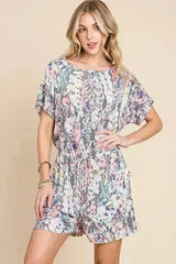 BOMBOM Printed Short Sleeve Drawstring Romper - Femstylo