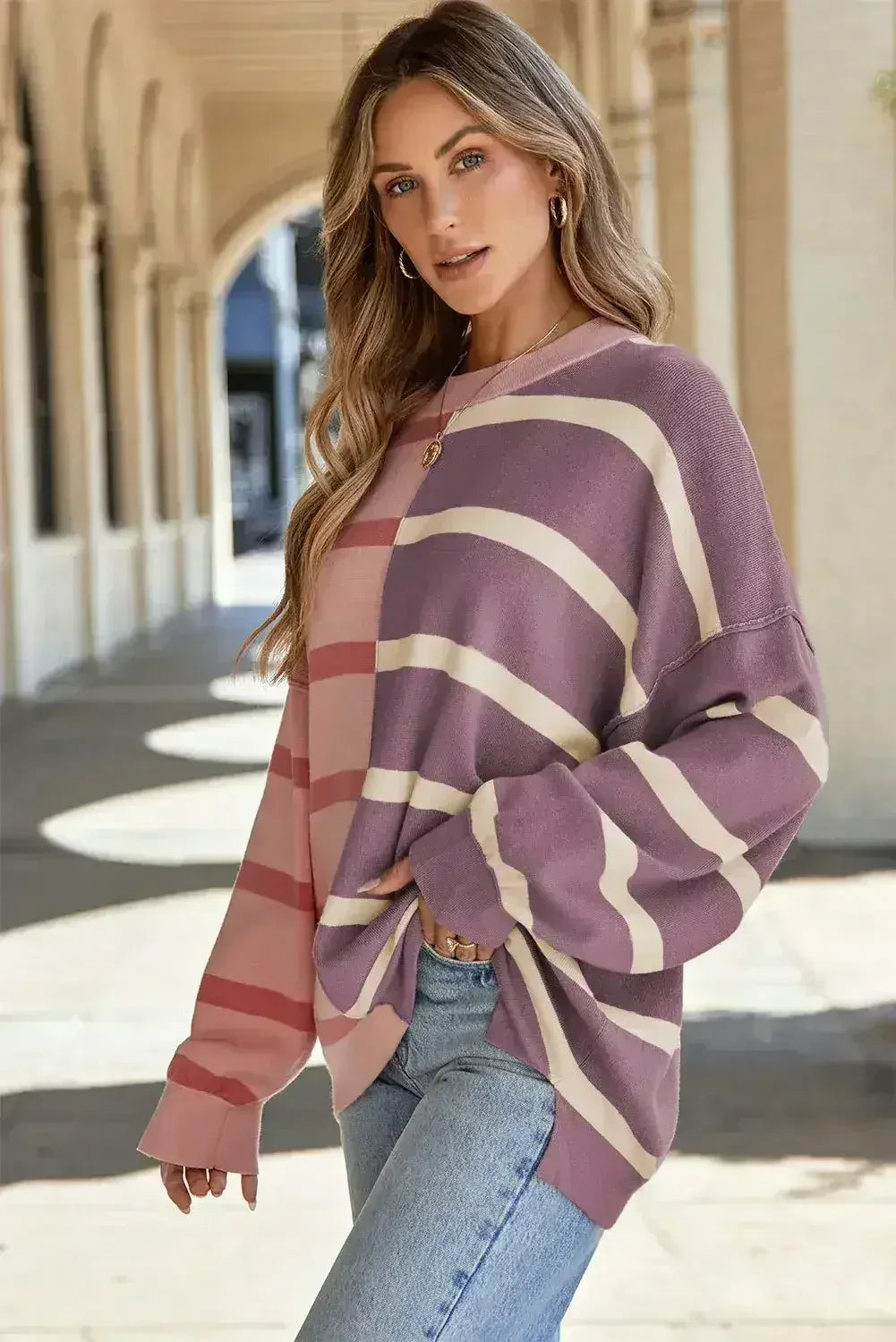 Pink Stripe Oversized Sweater - Colorblock Knit | Femstylo - Femstylo