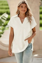White Textured V Neck Collared Split Hem T Shirt - Femstylo