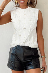 White Pearl High Neck Textured Knit Sweater Vest