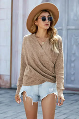 Fashion Khaki Deep V-neck Long Sleeve Knit Sweater - Femstylo