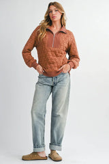 Brown Textured Zipper Neck Long Sleeve Pullover Sweatshirt - Femstylo