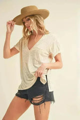Aemi + Co Side Slit V-Neck Short Rolled Sleeve T-Shirt - Femstylo