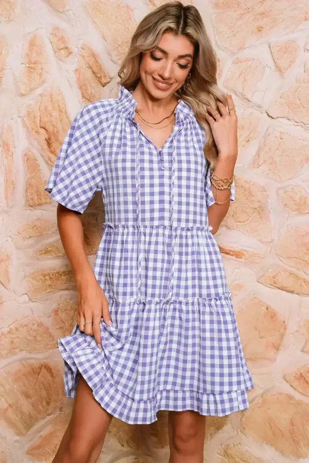 Lavendula Plaid Frill Tiered Mini Dress - Femstylo