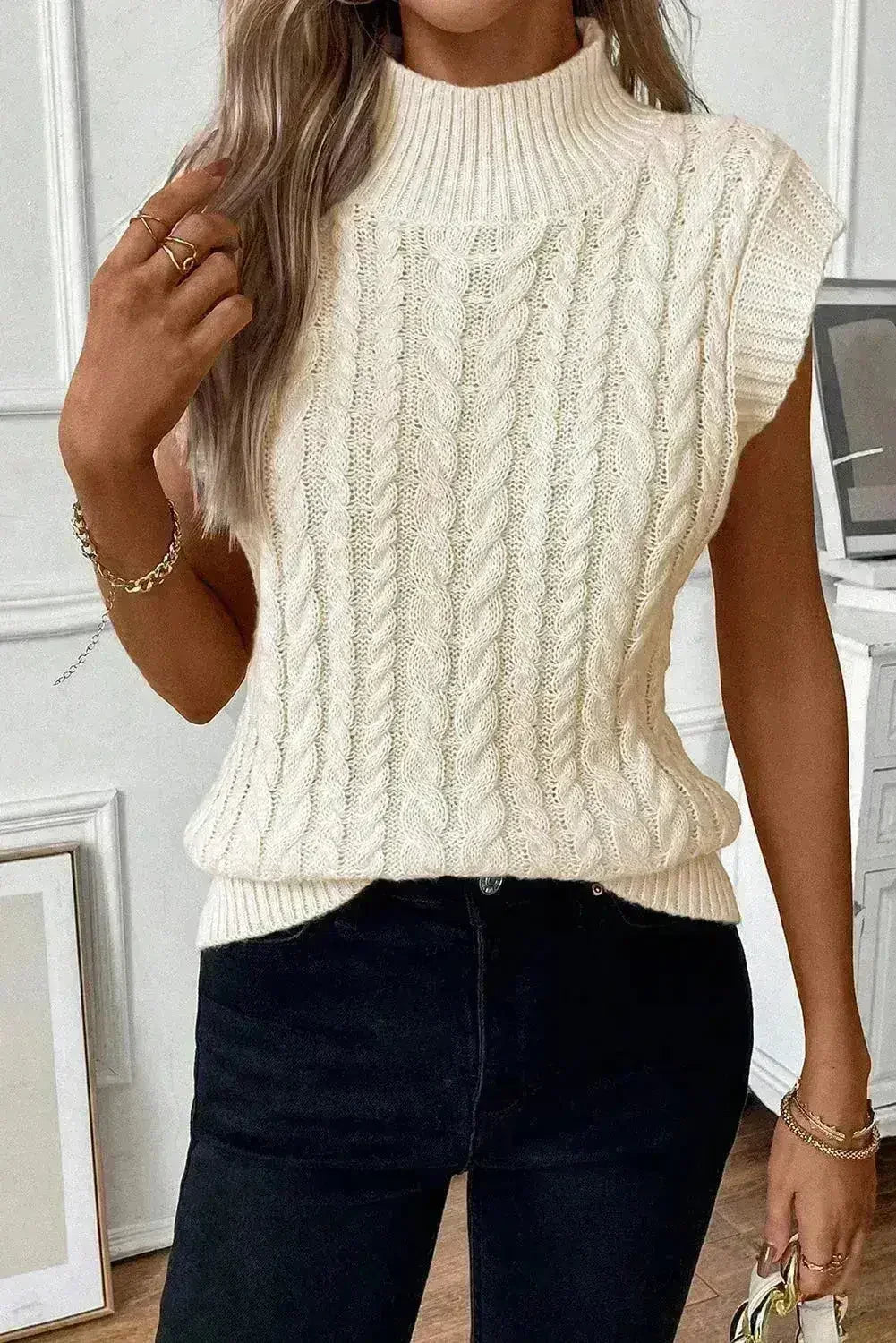 Cable Knit Sweater Vest – High Neck & Textured Oatmeal - Femstylo