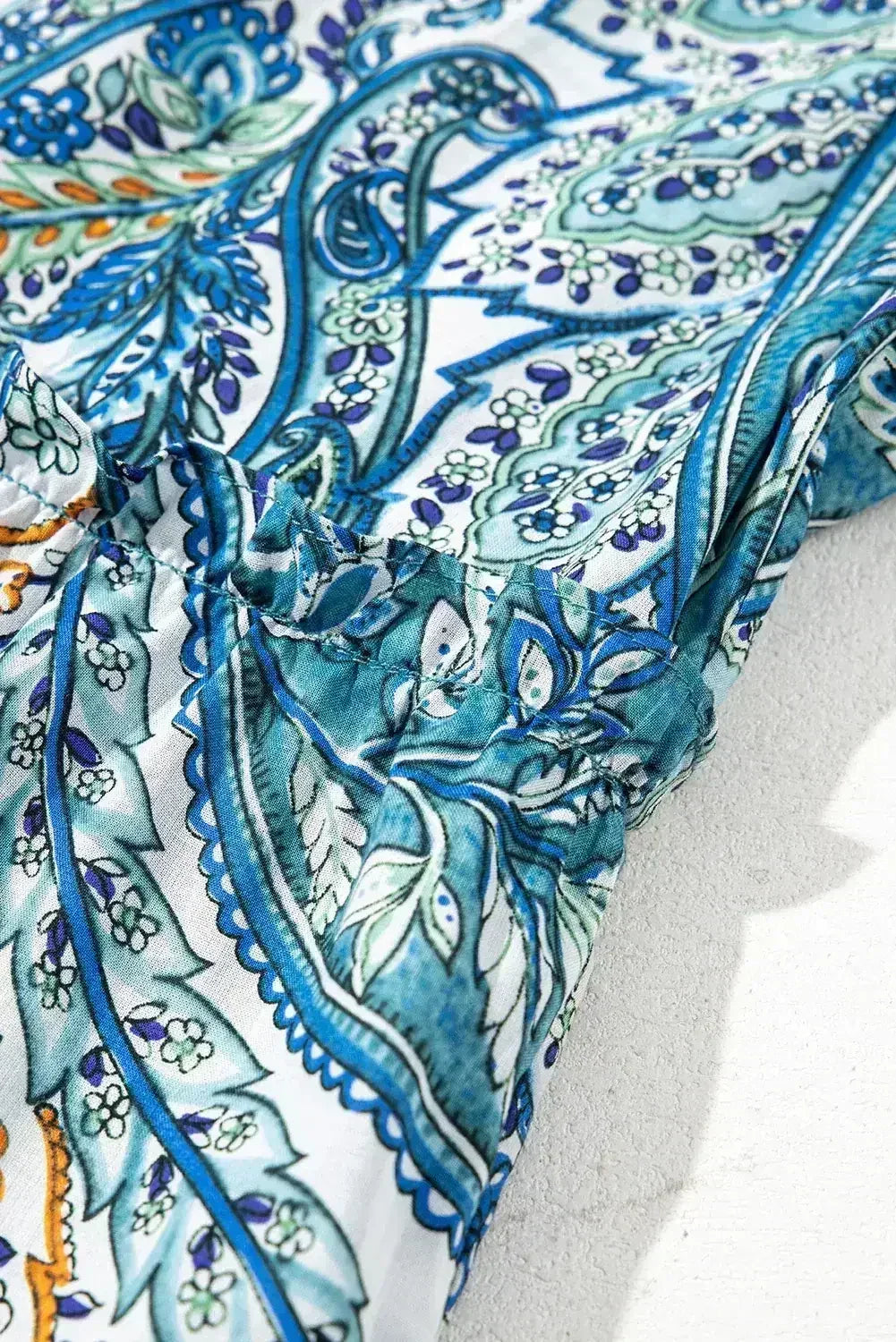 Blue Bohemian Paisley Floral V Neck Puff Sleeve Mini Dress - Femstylo