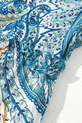 Blue Bohemian Paisley Floral V Neck Puff Sleeve Mini Dress - Femstylo