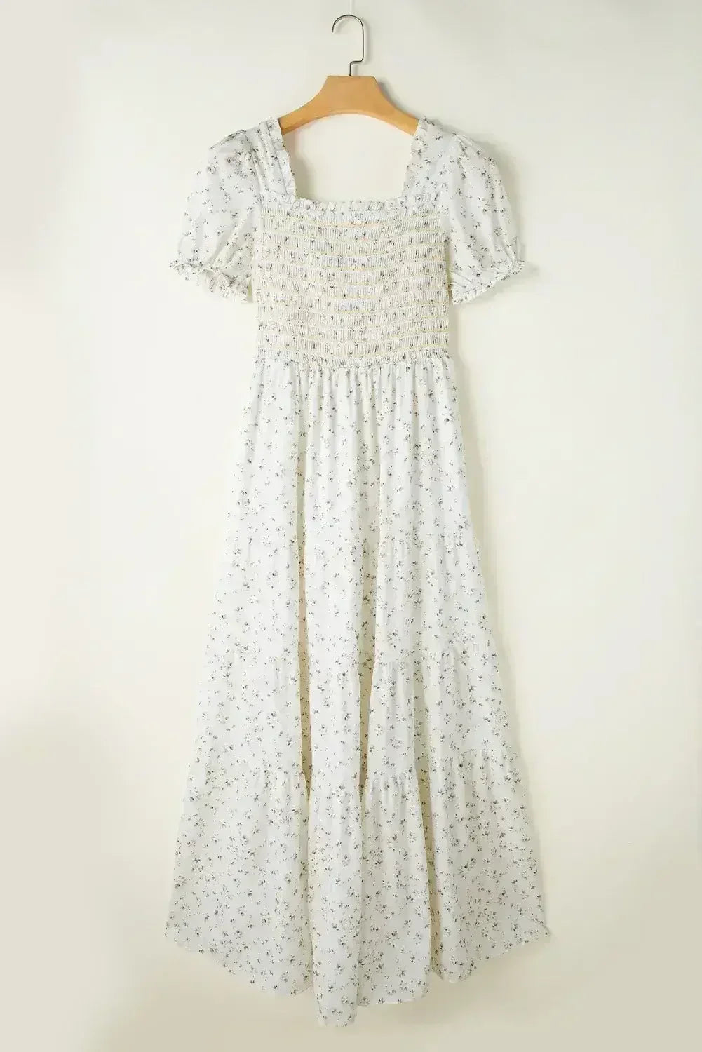 White Frill Neckline Shirred Bodice Floral Maxi Dress - Femstylo