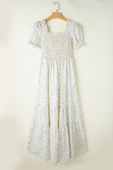 White Frill Neckline Shirred Bodice Floral Maxi Dress - Femstylo