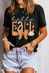 Black Hello Fall Thanksgiving Bow Pumpkin Graphic Tee