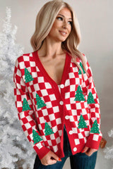 Red Checkered Christmas Tree Pattern Button V Neck Knit Cardigan