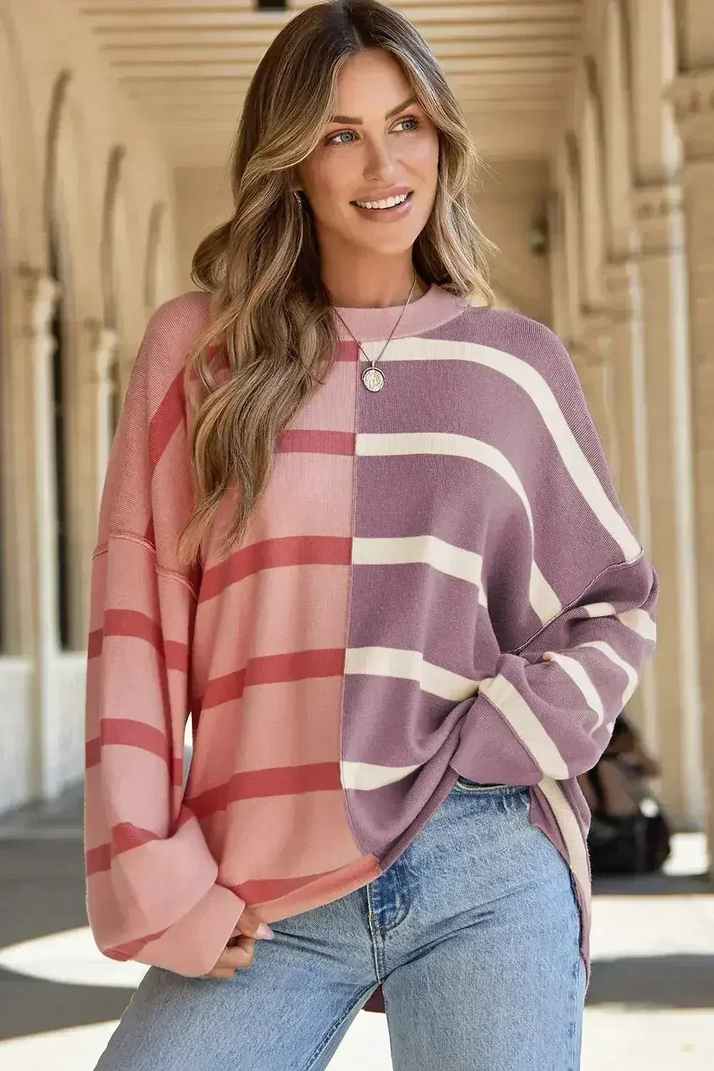 Pink Stripe Oversized Sweater - Colorblock Knit | Femstylo - Femstylo