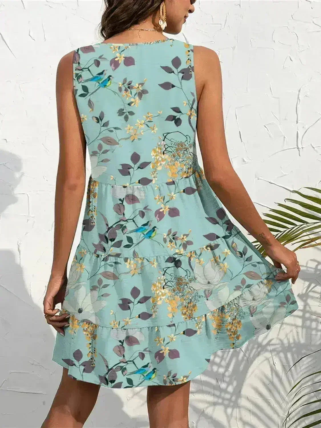 Printed V-Neck Mini Dress – Sleeveless & Button Detail - Femstylo