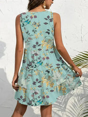 Printed V-Neck Mini Dress – Sleeveless & Button Detail - Femstylo