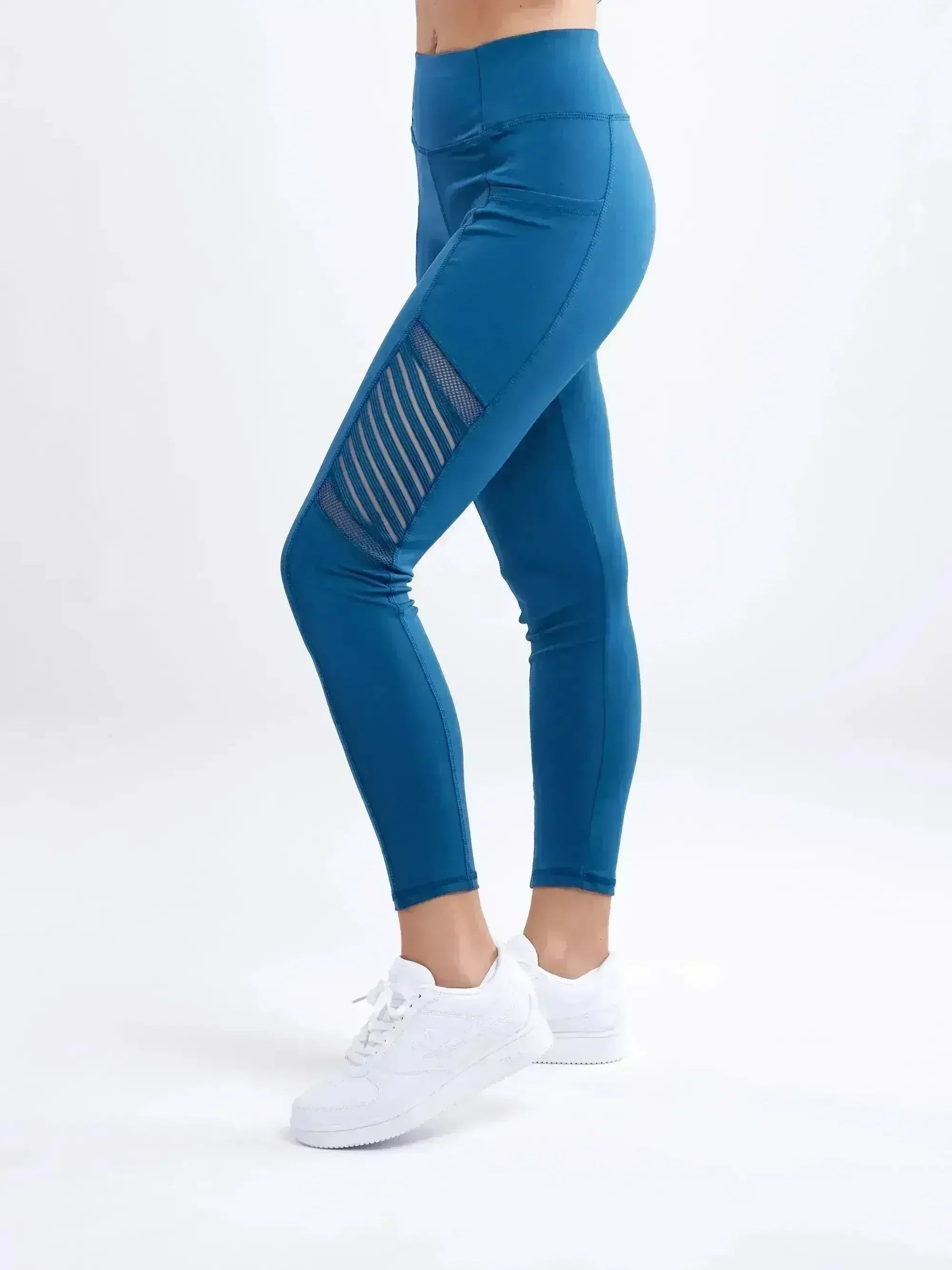 High-Waisted Pilates Leggings with Side Pockets & Mesh Panels - Femstylo