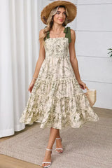 Green Floral Smocked High Waist Tiered Midi Dress - Femstylo