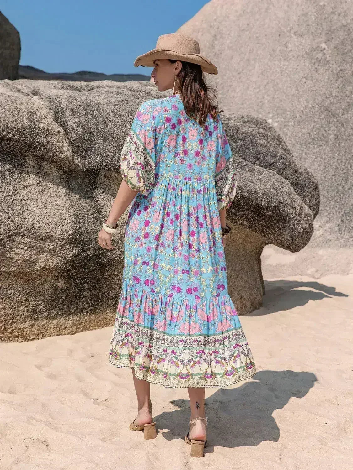 Printed Puff Sleeve Ruched Midi Dress - Femstylo